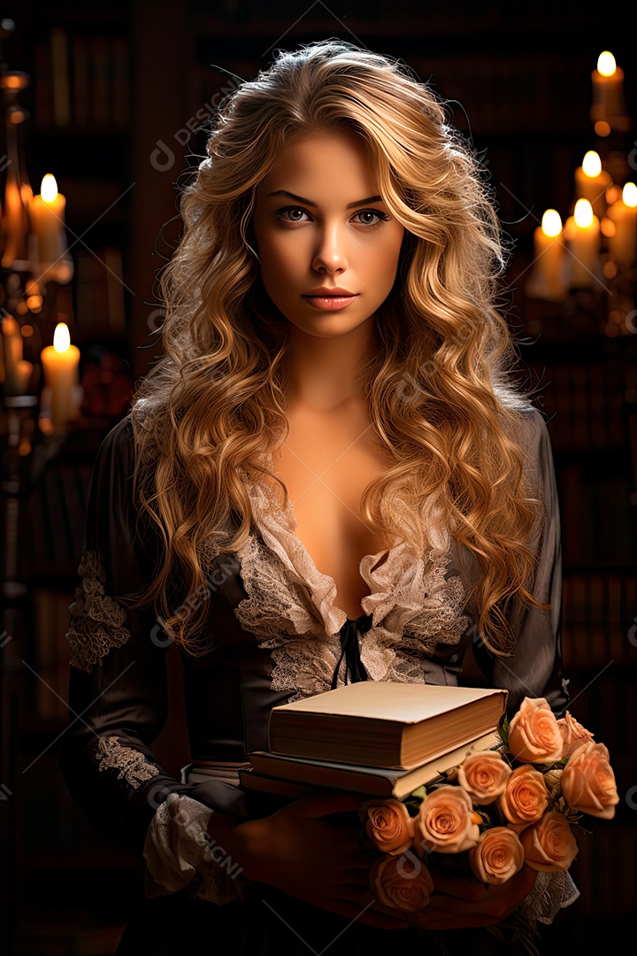 Uma professora cativante com uma pilha de livros nos braços, Sua presença exala elegância e sabedoria