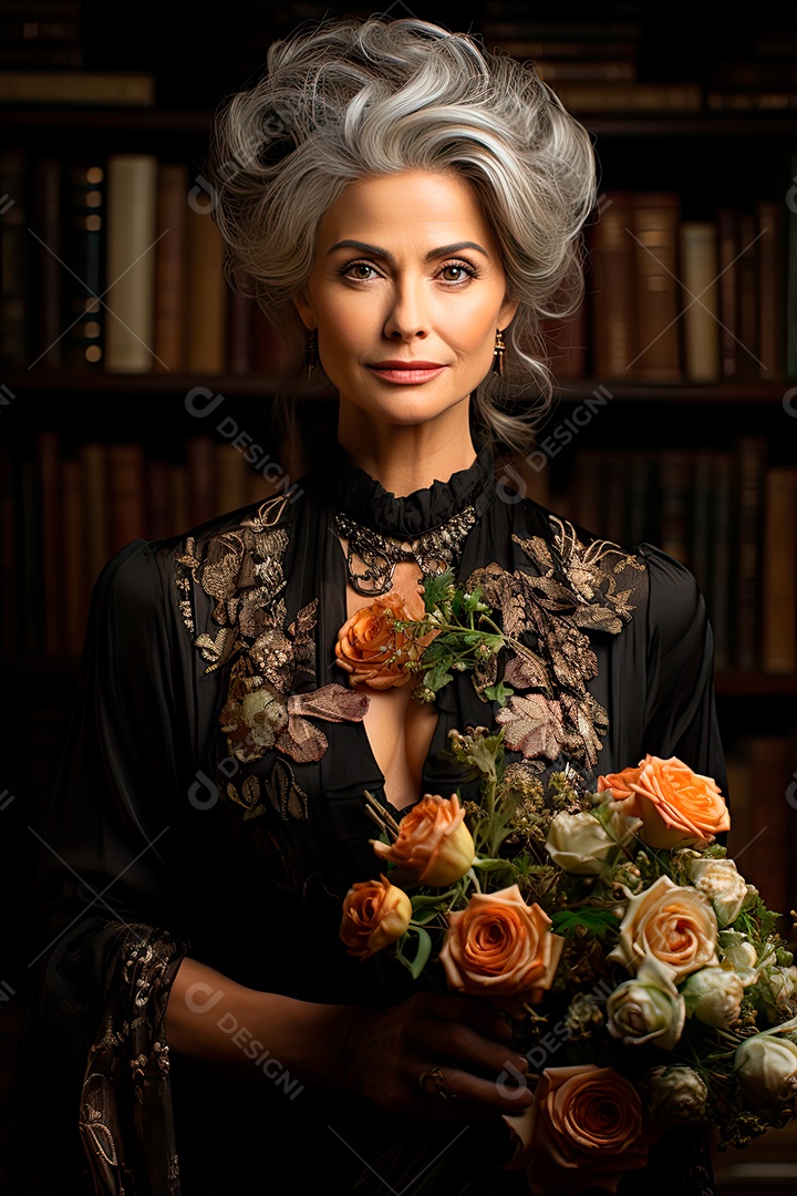 Uma professora cativante com uma pilha de livros nos braços, Sua presença exala elegância e sabedoria