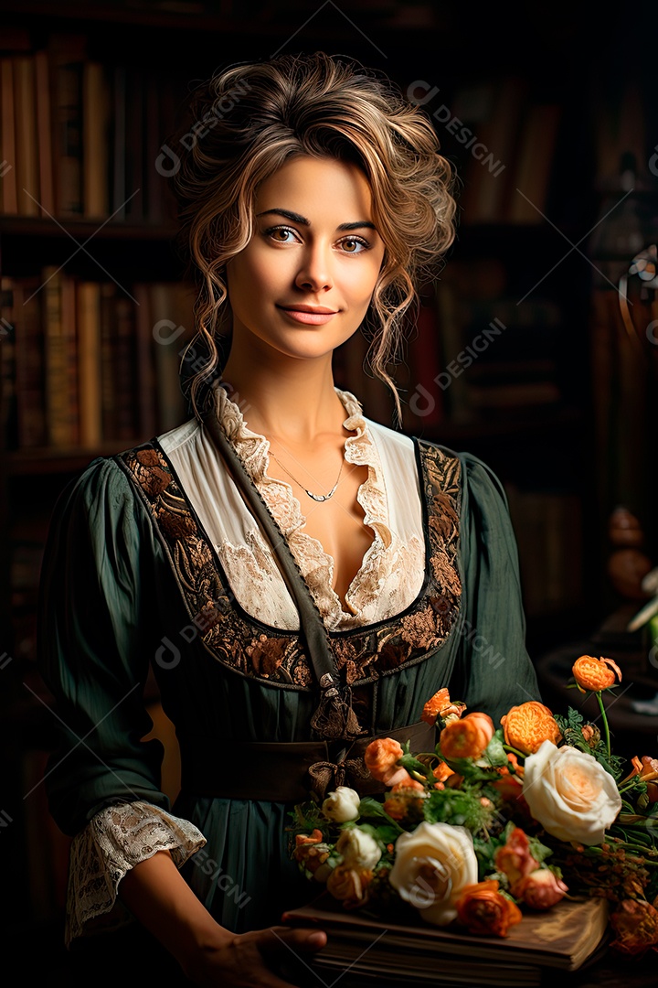 Uma professora cativante com uma pilha de livros nos braços, Sua presença exala elegância e sabedoria