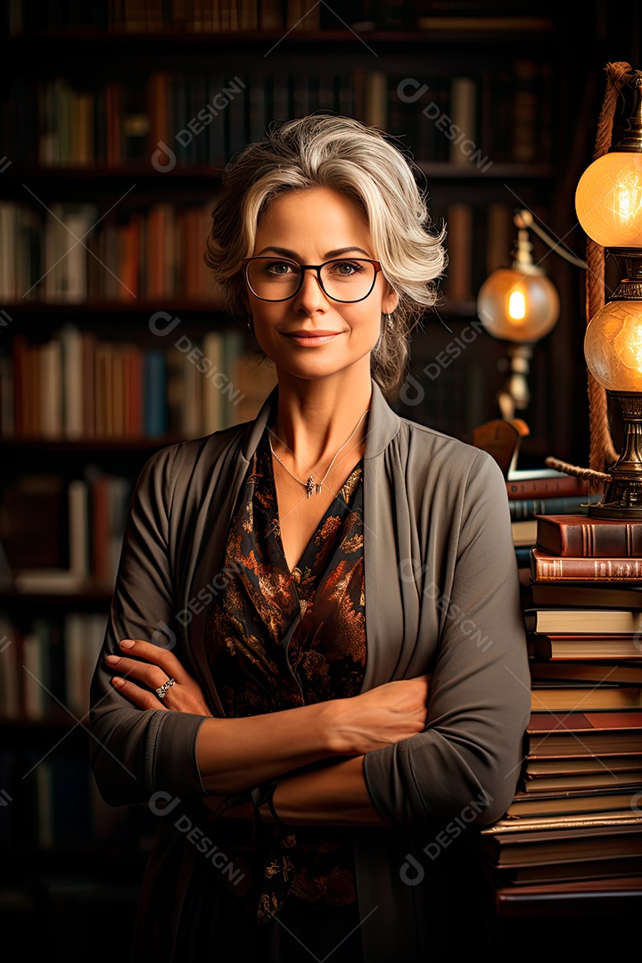 Uma professora cativante com uma pilha de livros nos braços, Sua presença exala elegância e sabedoria