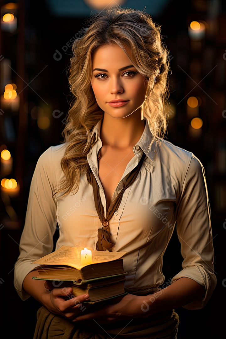 Uma professora cativante com uma pilha de livros nos braços, Sua presença exala elegância e sabedoria