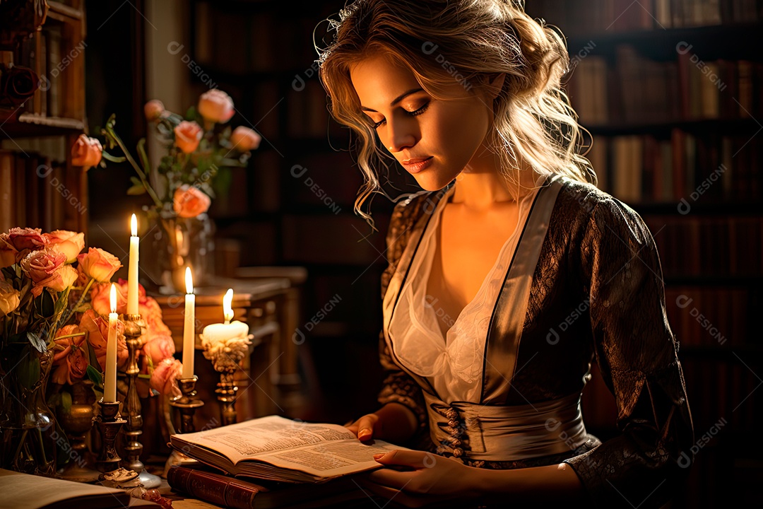 Uma professora cativante com uma pilha de livros nos braços, Sua presença exala elegância e sabedoria