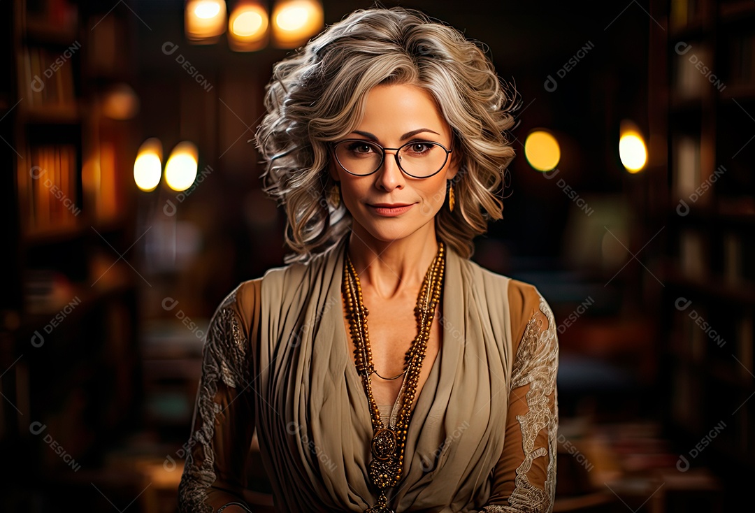 Uma professora cativante com uma pilha de livros nos braços, Sua presença exala elegância e sabedoria