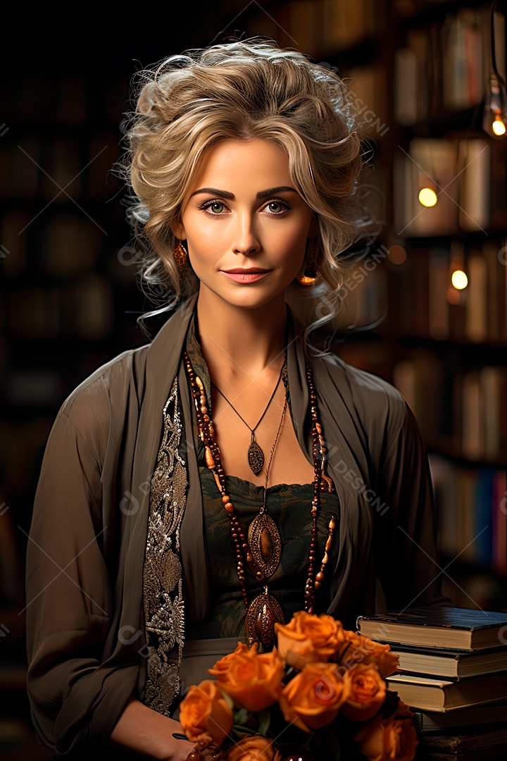 Uma professora cativante com uma pilha de livros nos braços, Sua presença exala elegância e sabedoria