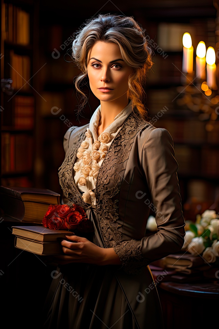 Uma professora cativante com uma pilha de livros nos braços, Sua presença exala elegância e sabedoria