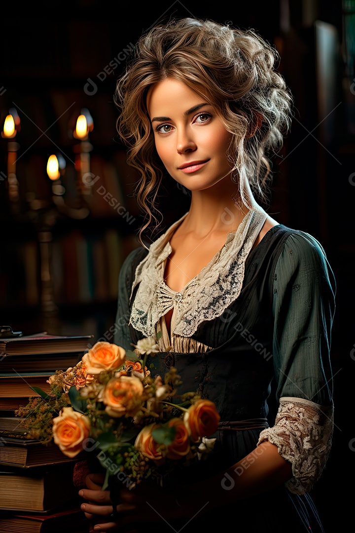 Uma professora cativante com uma pilha de livros nos braços, Sua presença exala elegância e sabedoria