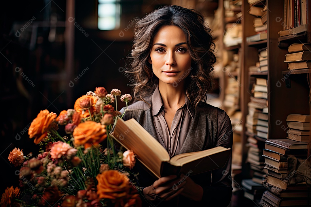 Uma professora cativante com uma pilha de livros nos braços, Sua presença exala elegância e sabedoria