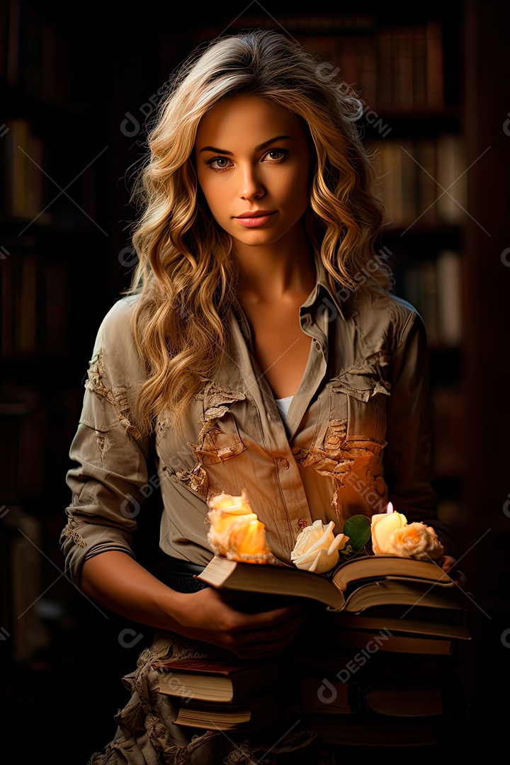 Uma professora cativante com uma pilha de livros nos braços, Sua presença exala elegância e sabedoria