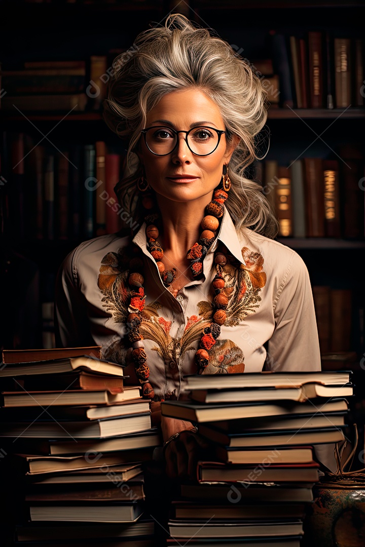 Uma professora cativante com uma pilha de livros nos braços, Sua presença exala elegância e sabedoria