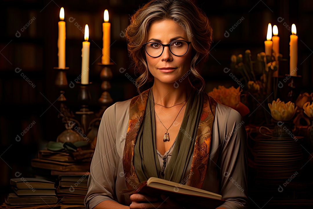 Uma professora cativante com uma pilha de livros nos braços, Sua presença exala elegância e sabedoria