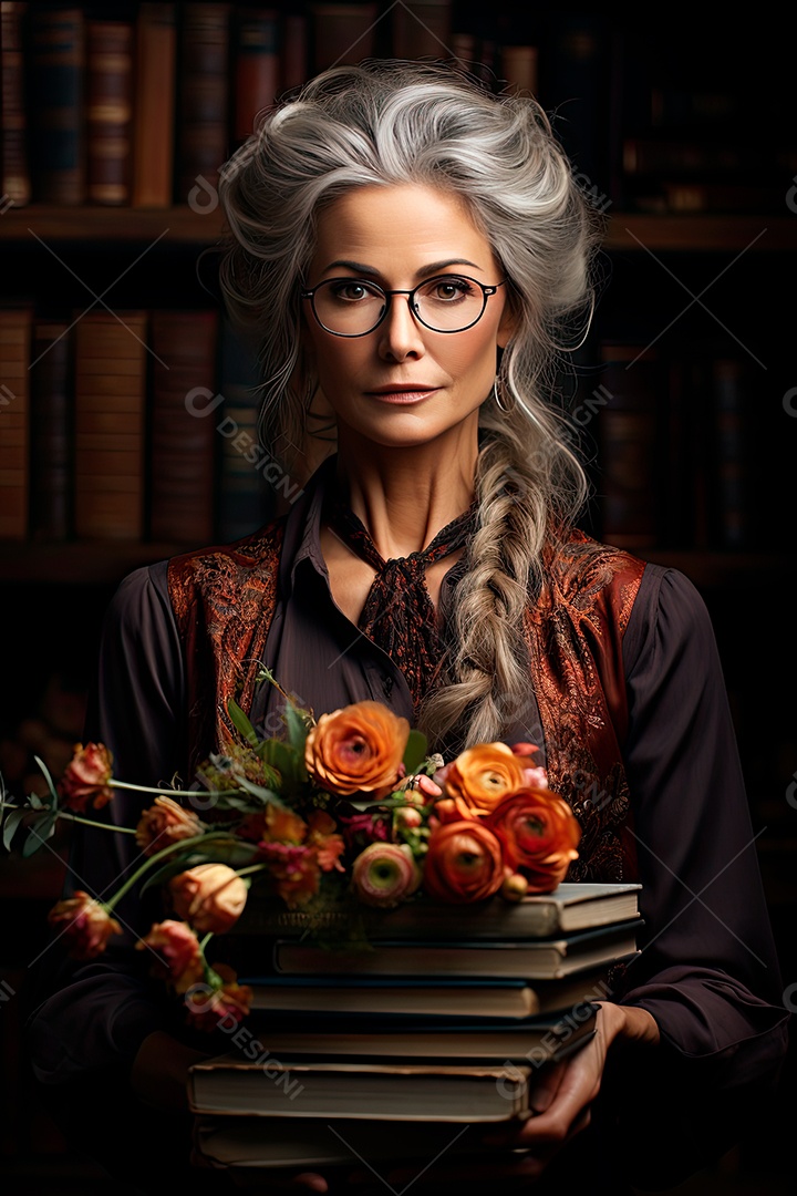 Uma professora cativante com uma pilha de livros nos braços, Sua presença exala elegância e sabedoria