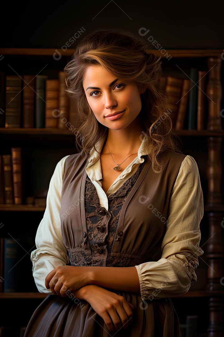 Uma professora cativante com uma pilha de livros nos braços, Sua presença exala elegância e sabedoria