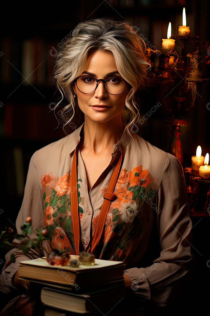 Uma professora cativante com uma pilha de livros nos braços, Sua presença exala elegância e sabedoria