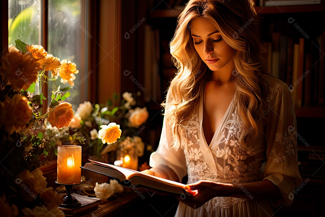 Uma professora cativante com uma pilha de livros nos braços, Sua presença exala elegância e sabedoria