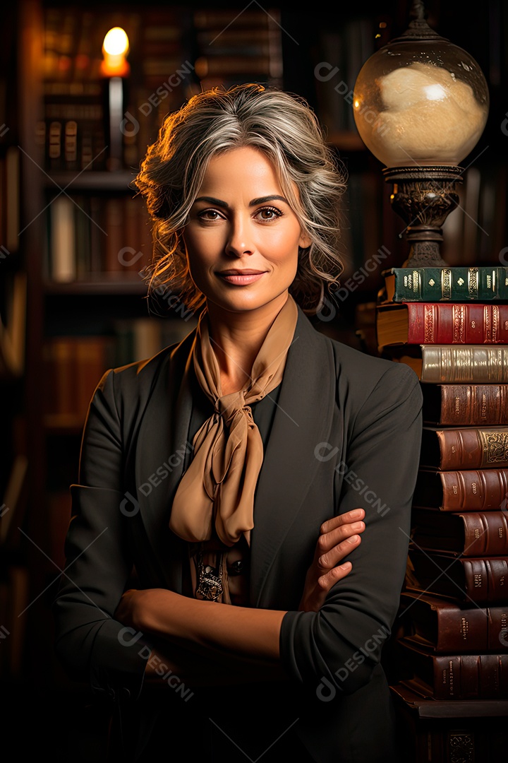 Uma professora cativante com uma pilha de livros nos braços, Sua presença exala elegância e sabedoria