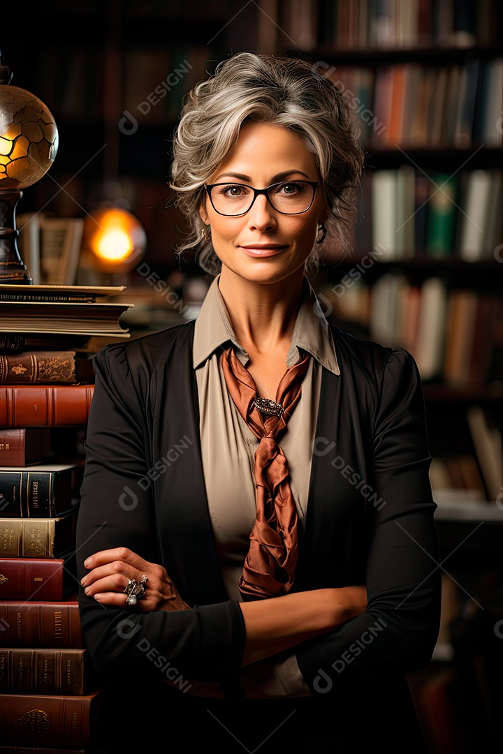 Uma professora cativante com uma pilha de livros nos braços, Sua presença exala elegância e sabedoria