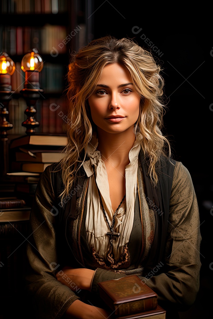 Uma professora cativante com uma pilha de livros nos braços, Sua presença exala elegância e sabedoria