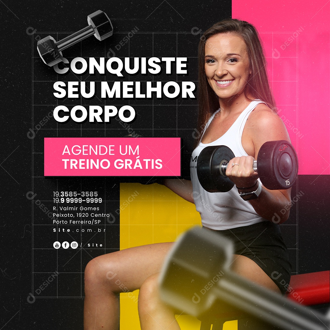 Academia Conquiste seu Melhor Corpo Agende um Treino Grátis Social Media PSD Editável