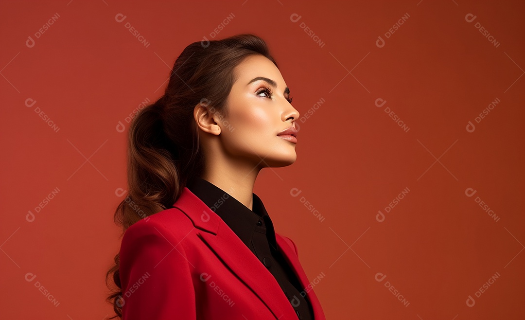 Linda mulher atendente em fundo vermelho