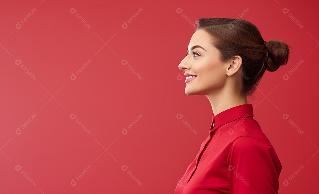 Linda mulher atendente em fundo vermelho