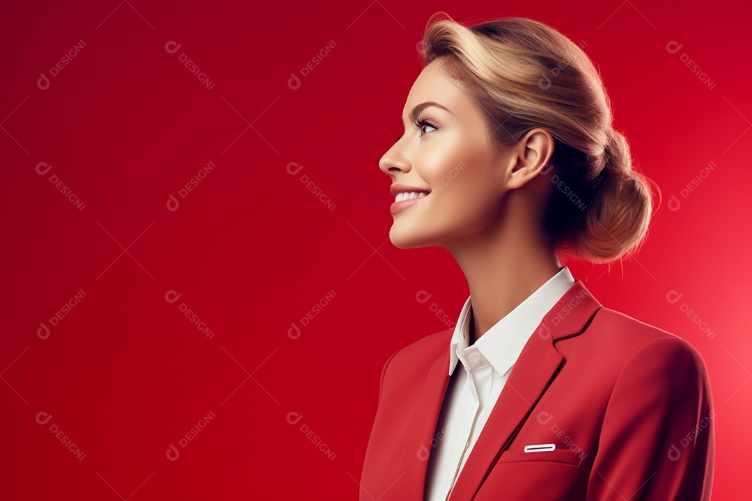 Linda mulher atendente em fundo vermelho