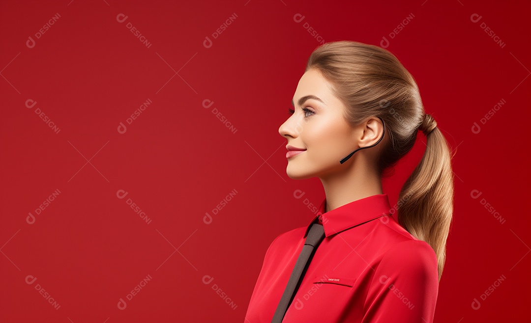 Linda mulher atendente em fundo vermelho