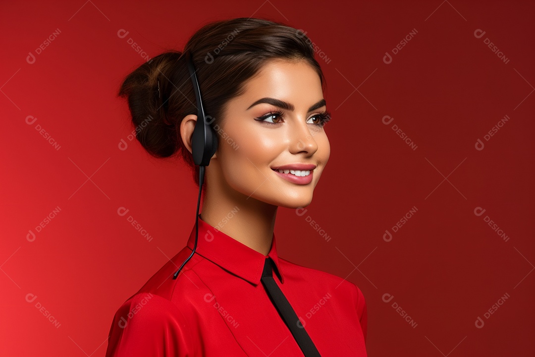 Linda mulher atendente em fundo vermelho