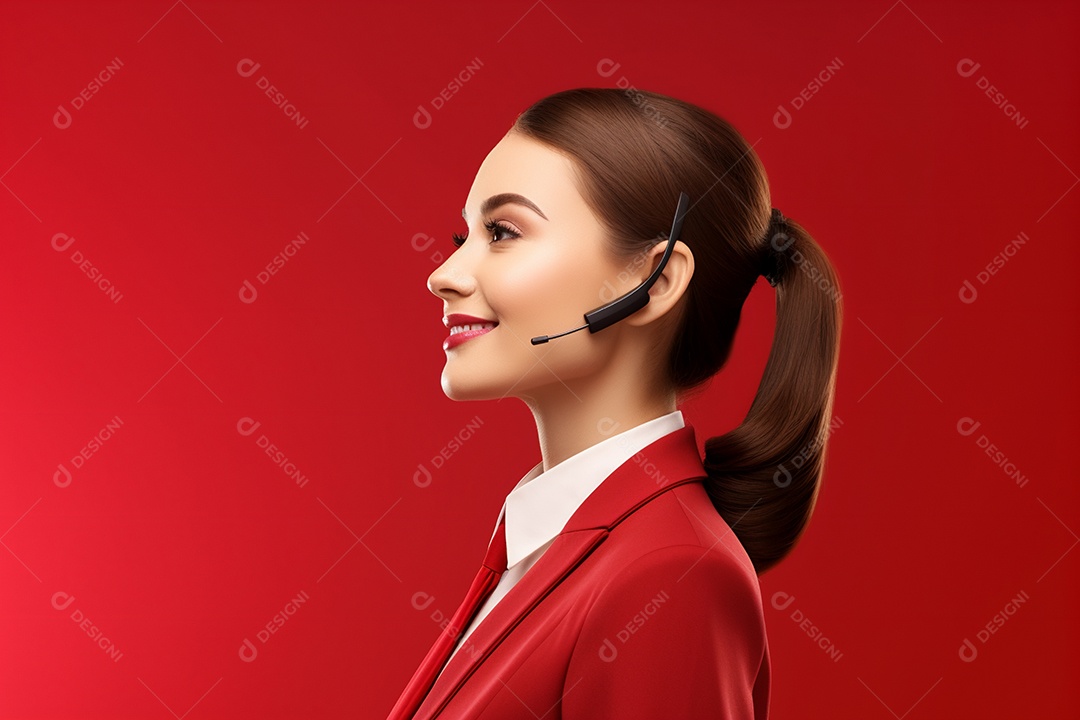 Linda mulher atendente em fundo vermelho