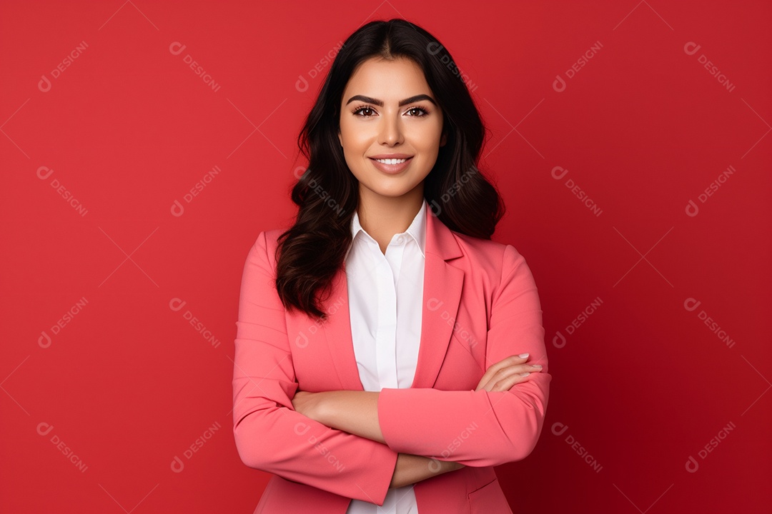 Linda mulher atendente em fundo vermelho