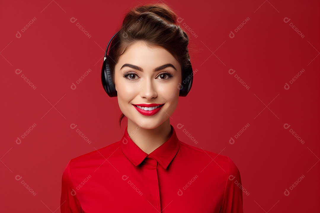 Linda mulher atendente em fundo vermelho