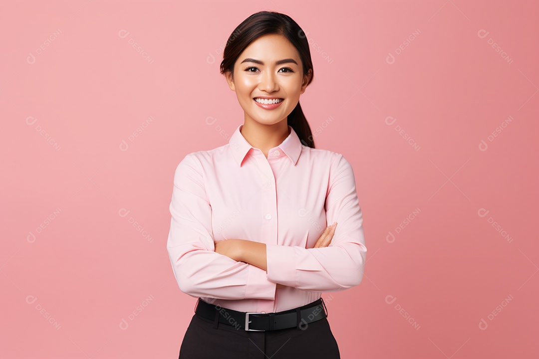 Linda mulher atendente em fundo rosa