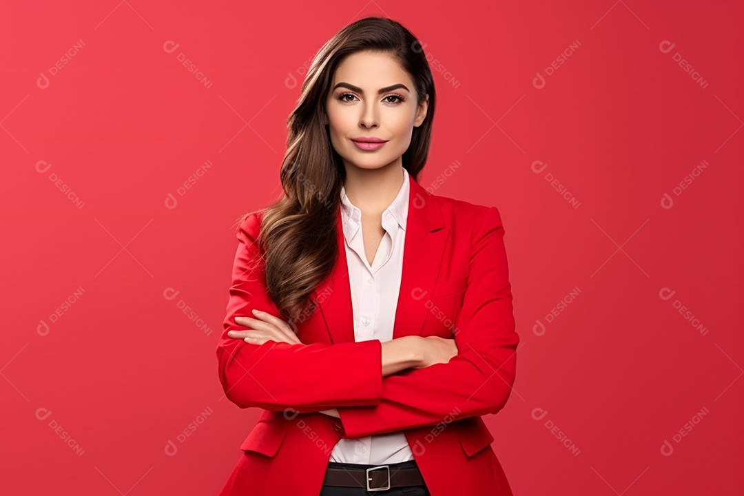 Linda mulher atendente em fundo vermelho