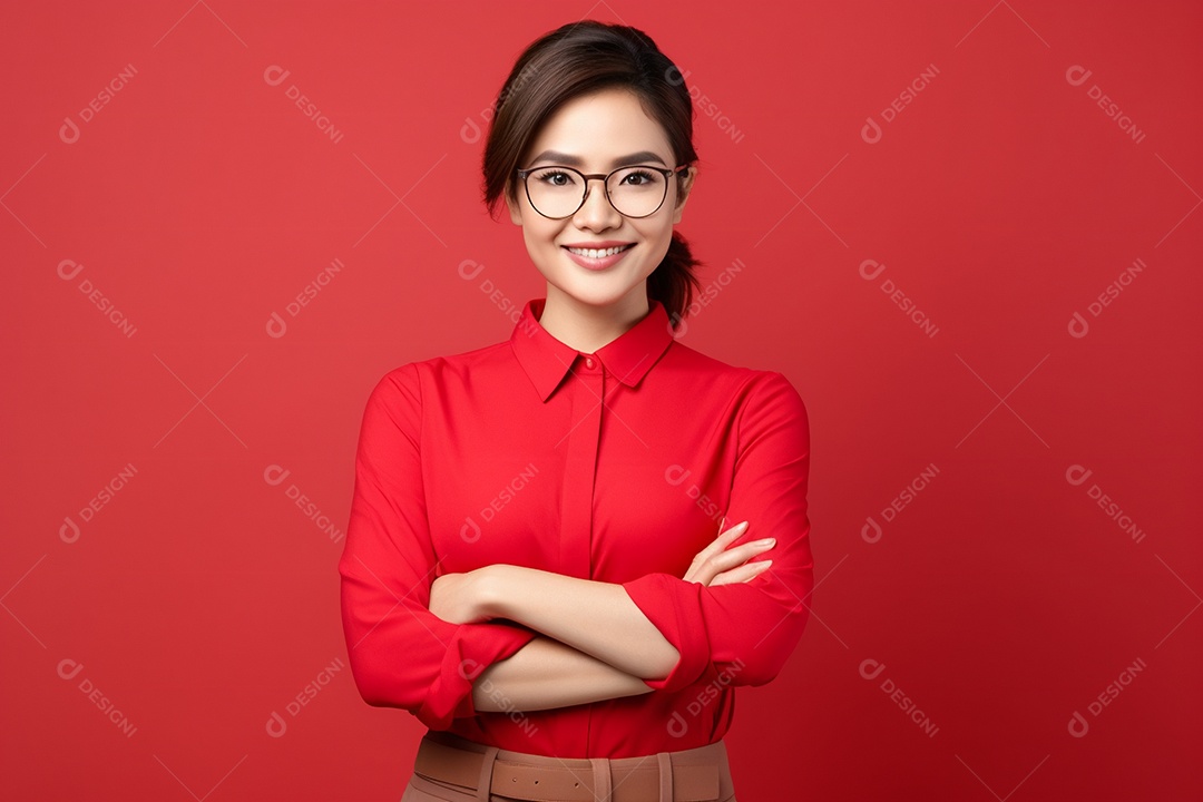 Linda mulher atendente em fundo vermelho