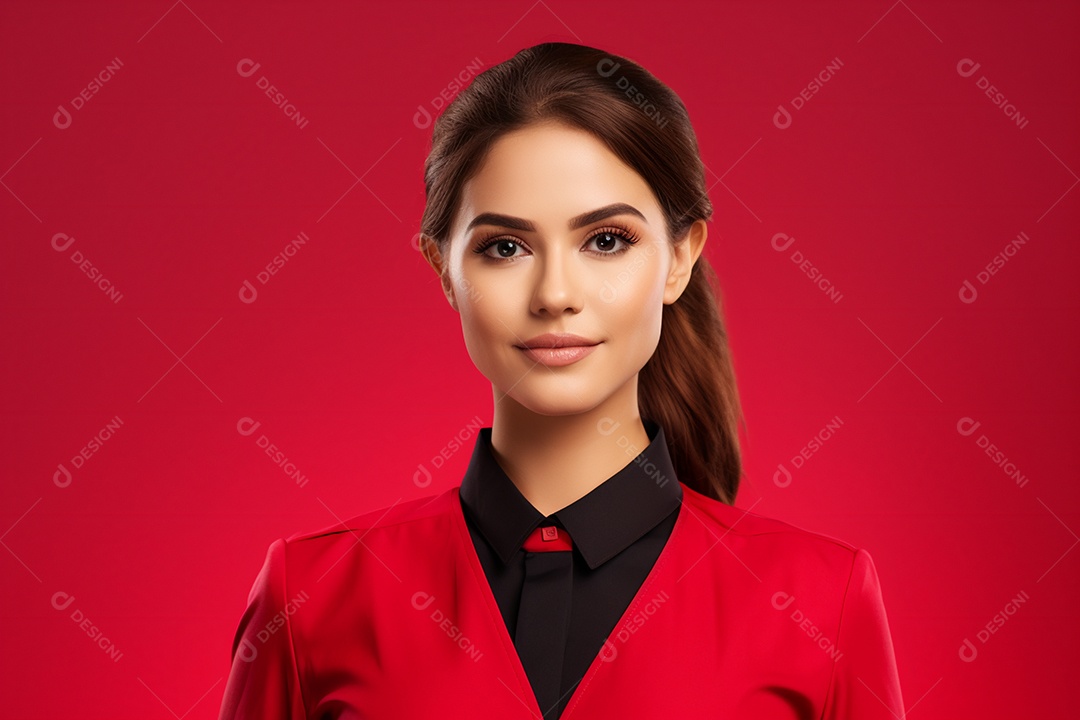 Linda mulher atendente em fundo vermelho