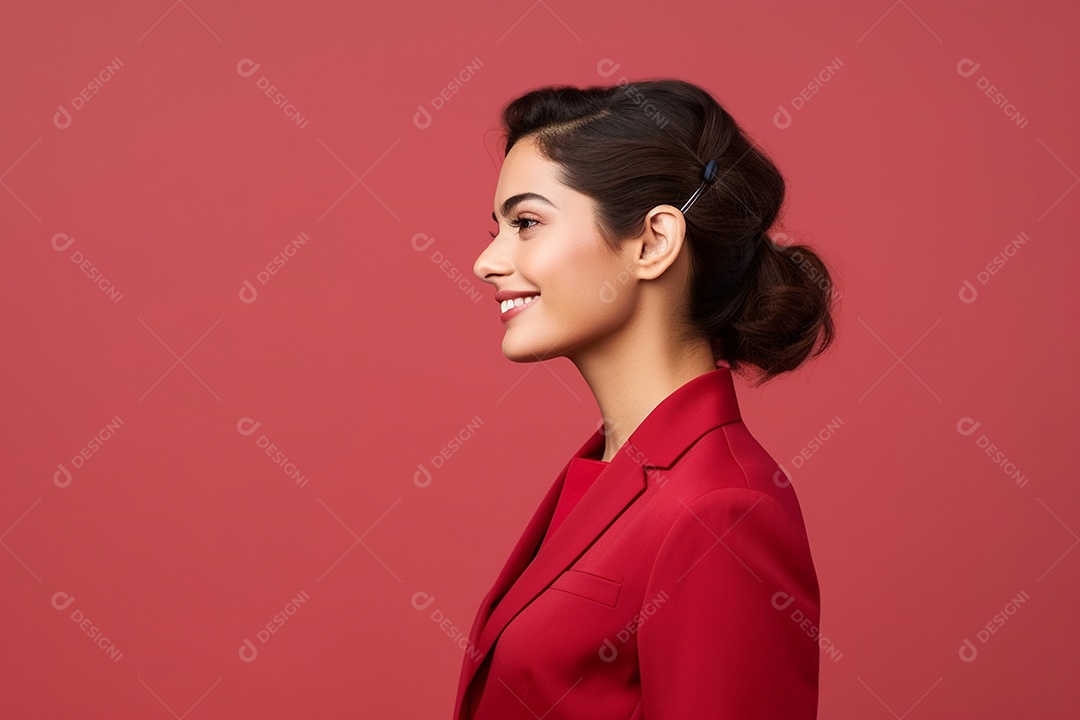 Linda mulher atendente em fundo vermelho