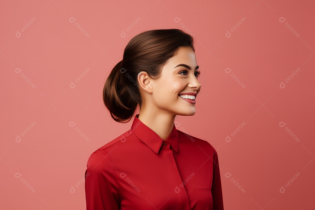 Linda mulher atendente em fundo vermelho