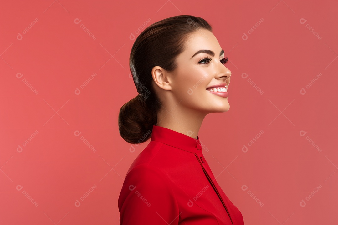 Linda mulher atendente em fundo vermelho