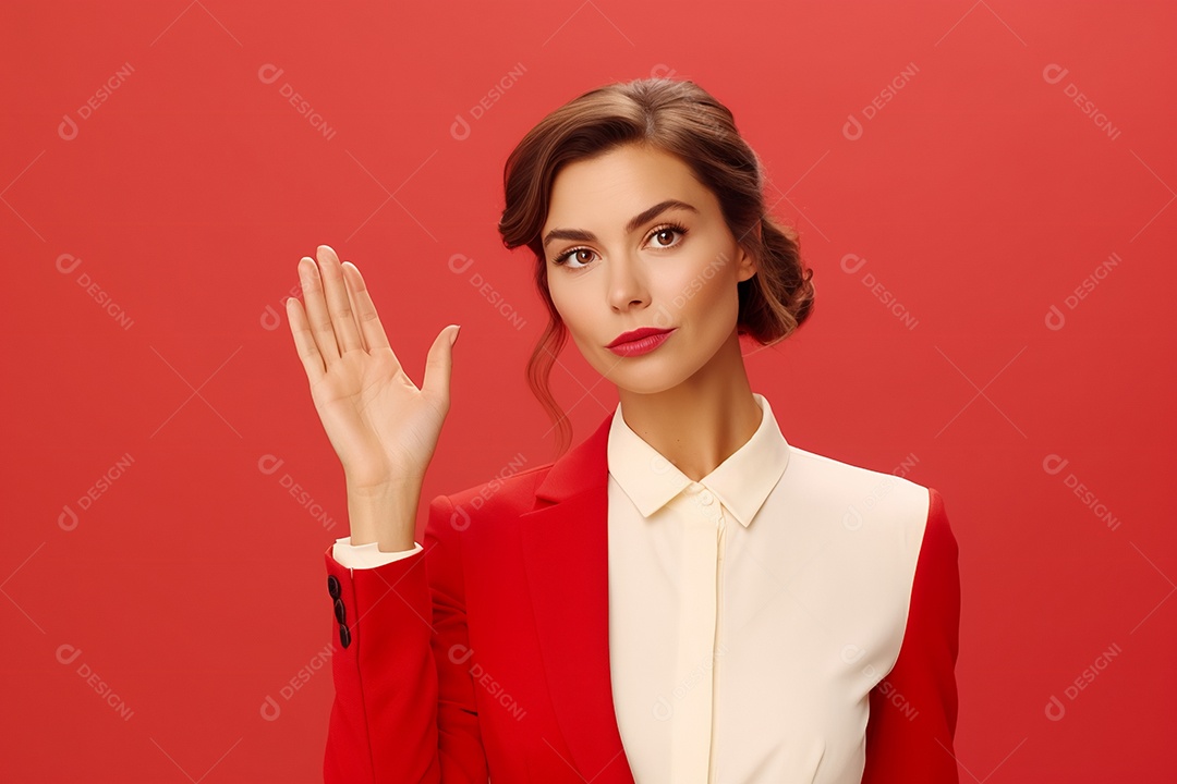 Linda mulher atendente em fundo vermelho