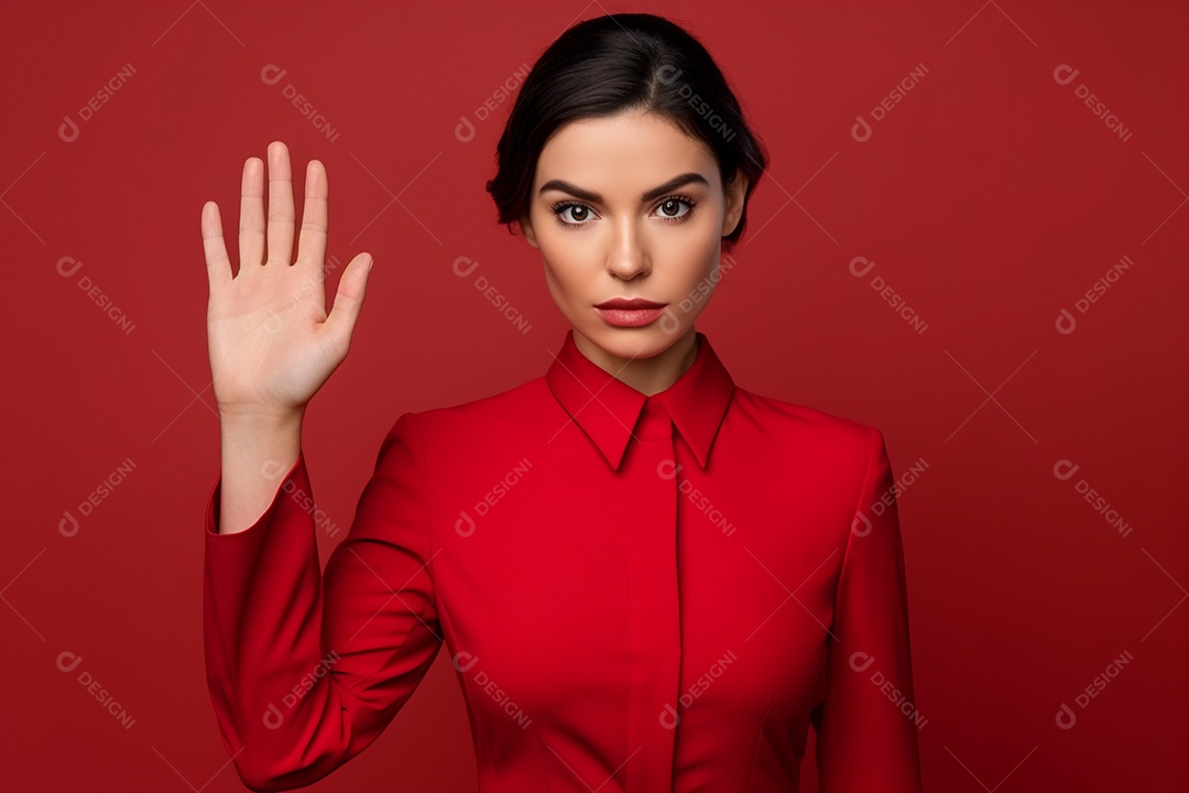 Linda mulher atendente em fundo vermelho