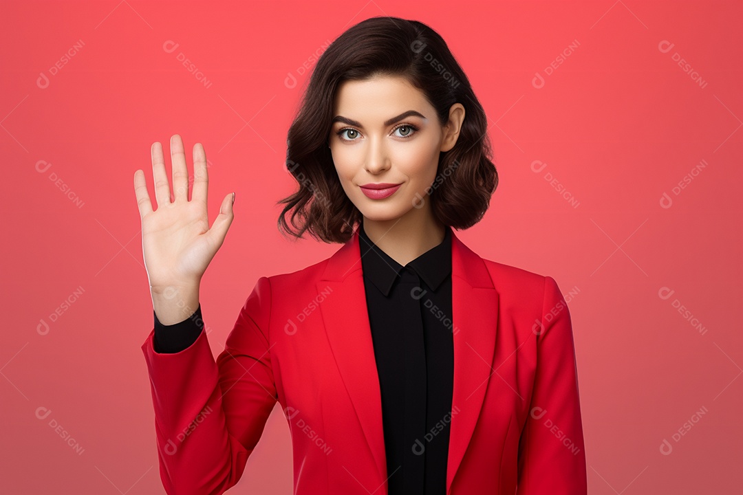 Linda mulher atendente em fundo vermelho