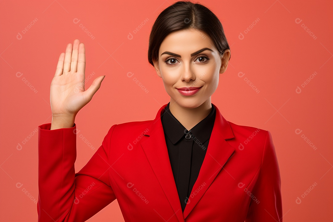 Linda mulher atendente em fundo vermelho