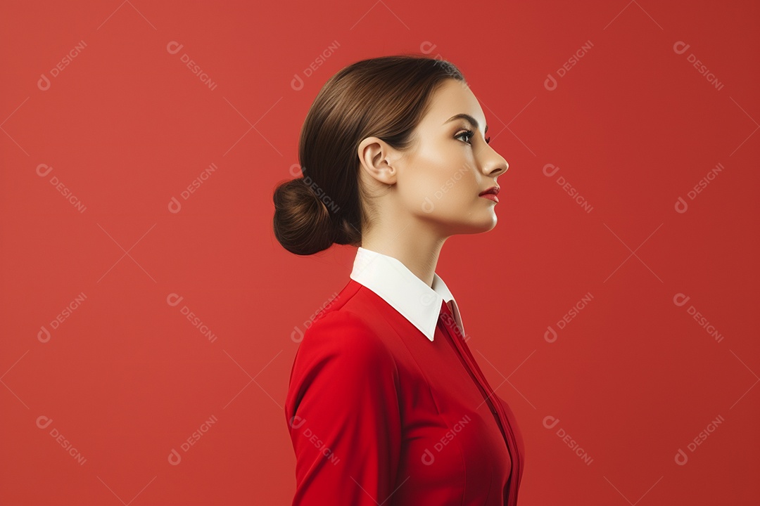 Linda mulher atendente em fundo vermelho