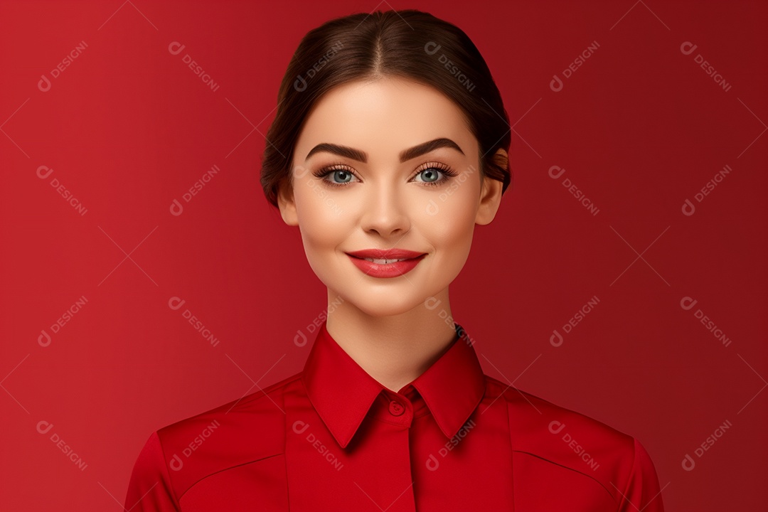 Linda mulher atendente em fundo vermelho