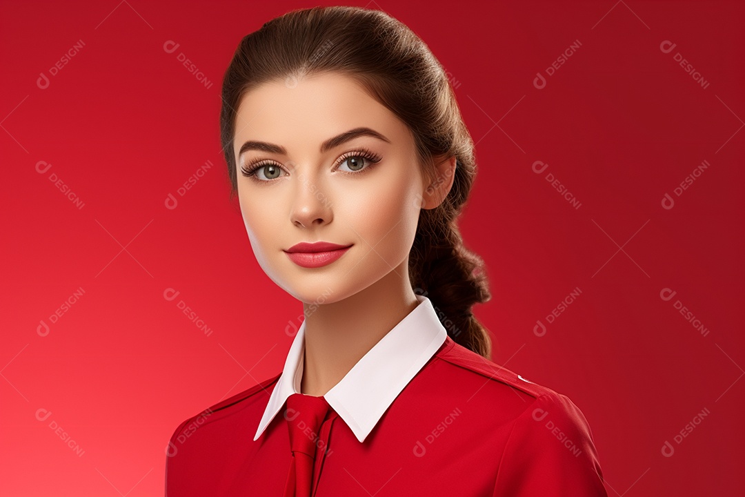 Linda mulher atendente em fundo vermelho