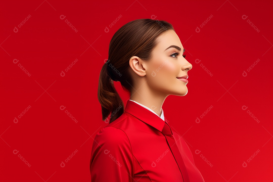 Linda mulher atendente em fundo vermelho