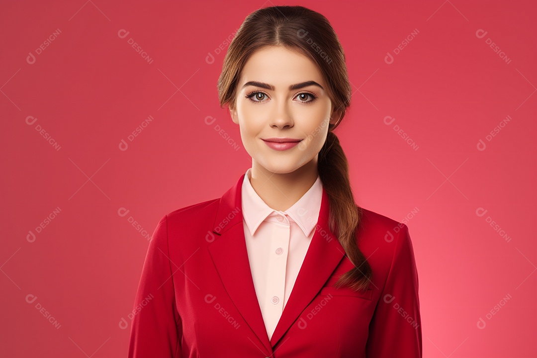 Linda mulher atendente em fundo vermelho