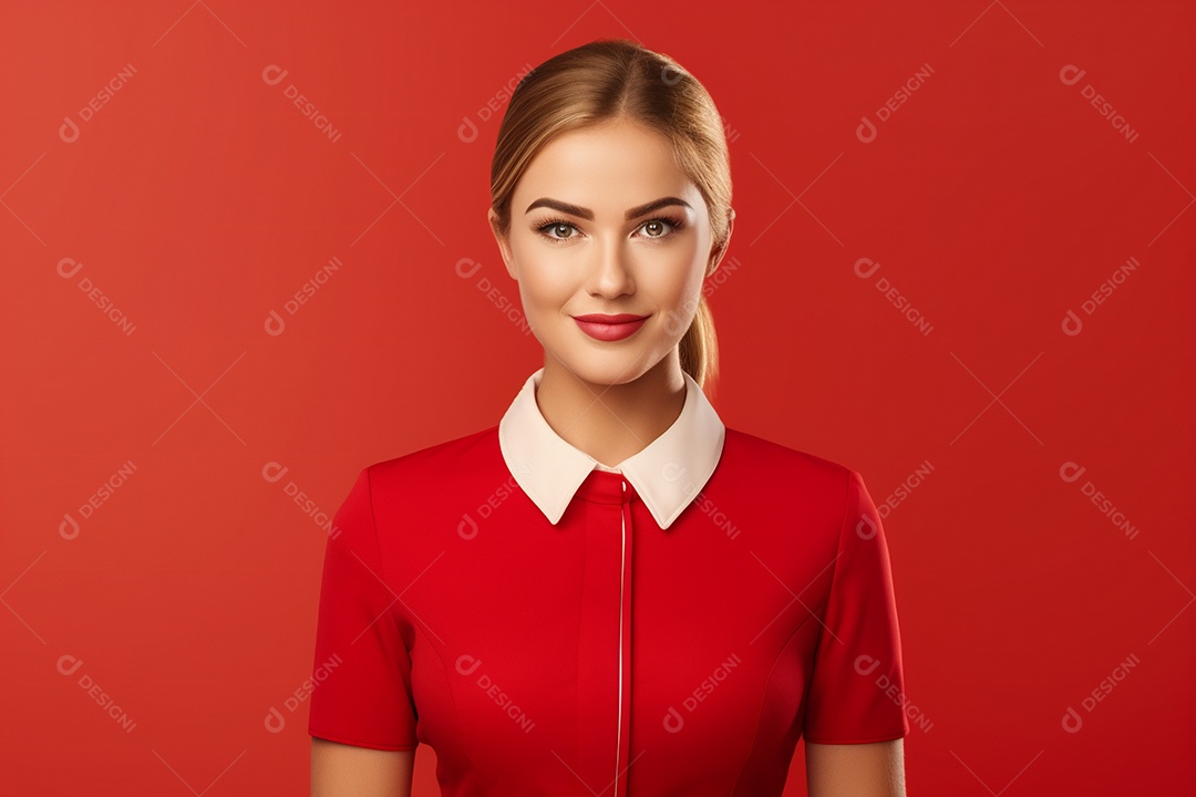 Linda mulher atendente em fundo vermelho