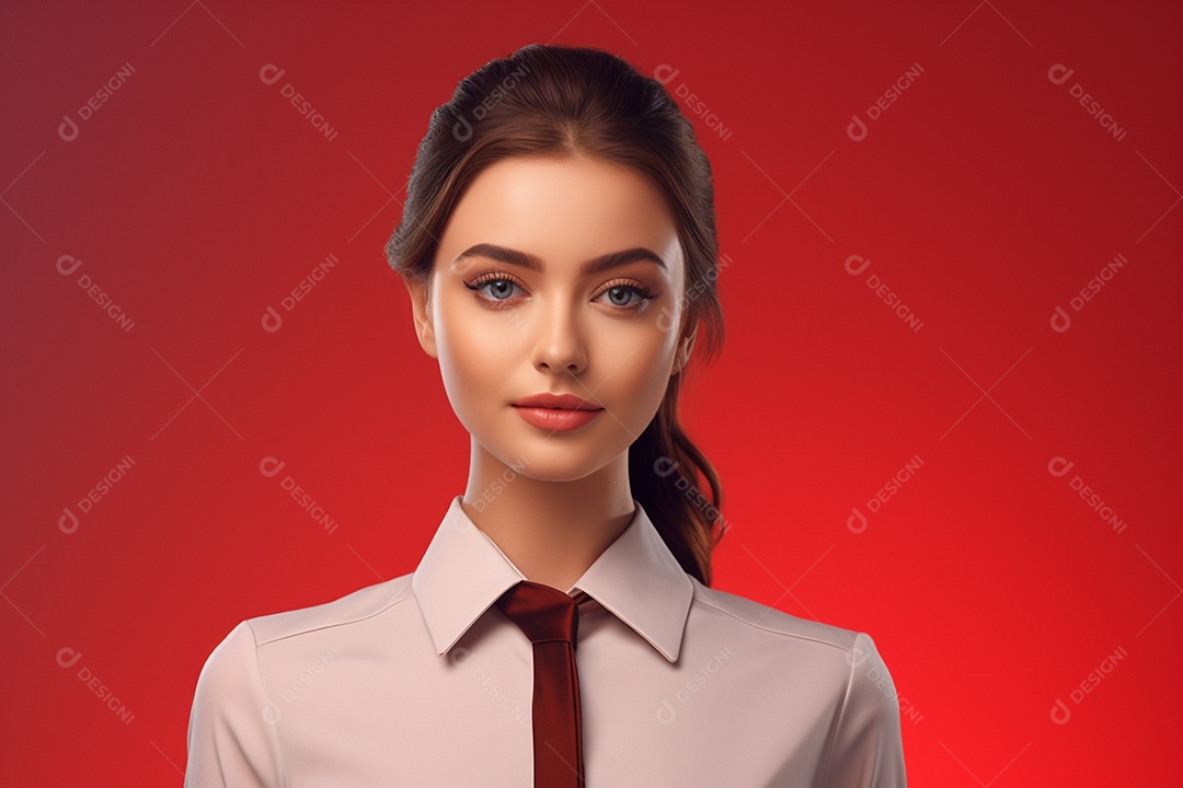 Linda mulher atendente em fundo vermelho