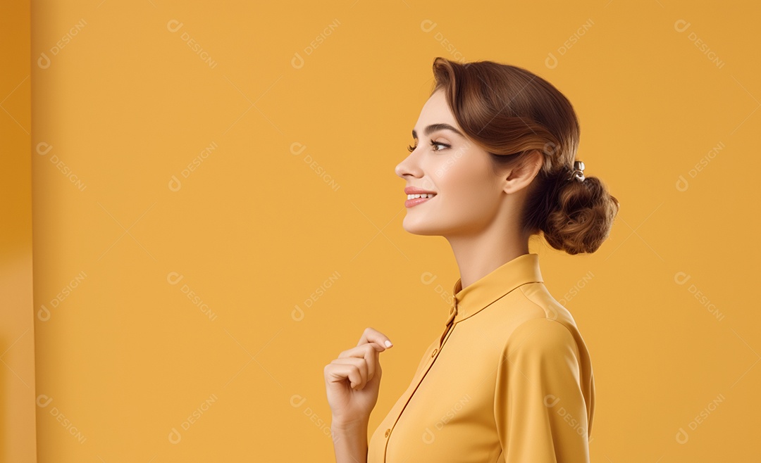 Linda mulher atendente em fundo amarelo