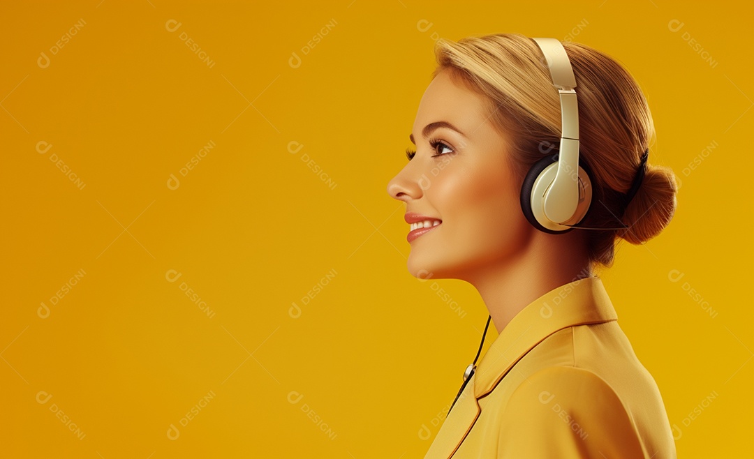 Linda mulher atendente em fundo amarelo